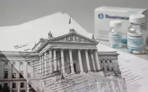 Abstrakte Darstellung eines Rechtsdokuments oder Parlamentsgebäudes, angedeutete internationale Handelsstreitigkeiten, verschwommener pharmazeutischer Hintergrund. - Foto: über boerse-global.de