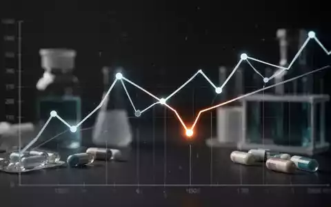Ein stilisierter, leuchtender digitaler Liniengraph, der einen Kursrückgang unter eine Referenzlinie darstellt, mit pharmazeutischen Elementen im Hintergrund. - Foto: über boerse-global.de