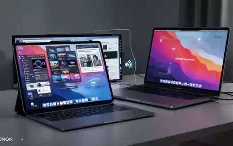 HONOR MagicPad 4 tablet next to a MacBook, showing an extended desktop connection. - Foto: über boerse-global.de