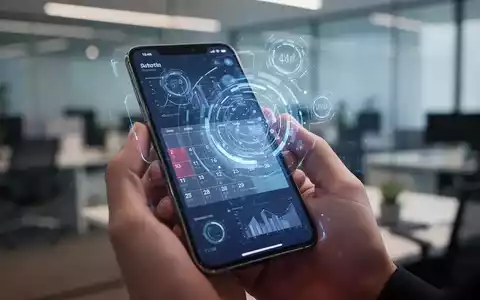 A hand holding a smartphone displaying an AI-enhanced calendar interface with holographic elements, in a modern office. - Foto: über boerse-global.de
