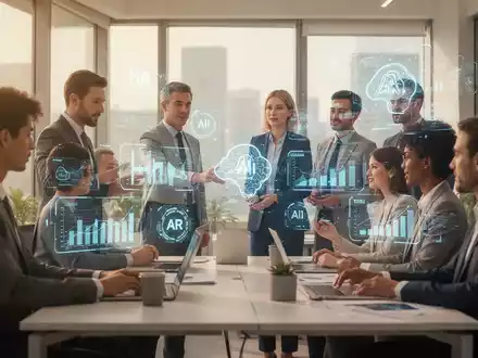 Eine Gruppe von Fachleuten arbeitet in einem modernen Büro, einige interagieren mit holographischen Anzeigen, die HR- und KI-Daten darstellen. - Foto: über boerse-global.de