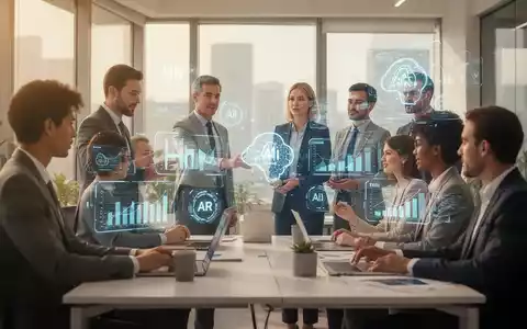 Eine Gruppe von Fachleuten arbeitet in einem modernen Büro, einige interagieren mit holographischen Anzeigen, die HR- und KI-Daten darstellen. - Foto: über boerse-global.de
