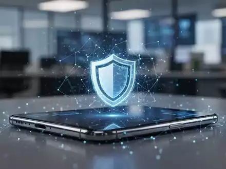 A smartphone screen showing a digital security shield icon, with a glowing blue network effect in the background. - Foto: über boerse-global.de