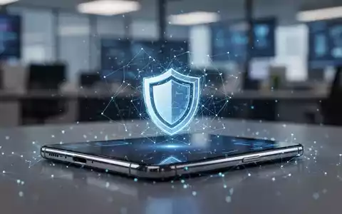 A smartphone screen showing a digital security shield icon, with a glowing blue network effect in the background. - Foto: über boerse-global.de