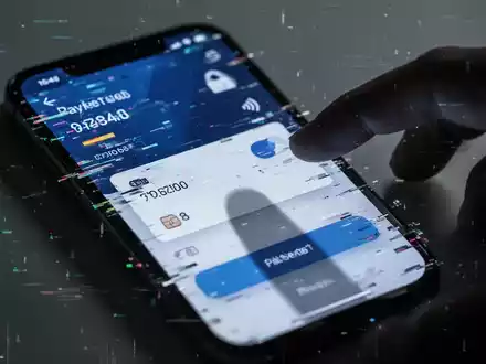A smartphone screen showing a distorted payment app, with a shadowy hand reaching for it, symbolizing mobile application fraud. - Foto: über boerse-global.de