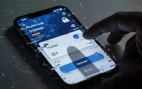 A smartphone screen showing a distorted payment app, with a shadowy hand reaching for it, symbolizing mobile application fraud. - Foto: über boerse-global.de