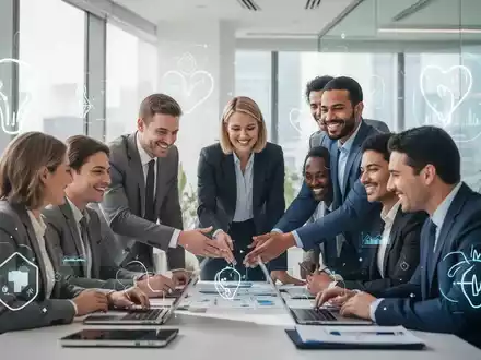Eine Gruppe von Fachleuten arbeitet in einem modernen Büro zusammen, symbolisch für Gesundheitsmanagement und Arbeitsplatzqualität. - Foto: über boerse-global.de