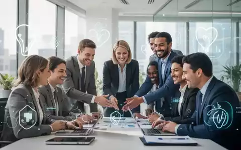 Eine Gruppe von Fachleuten arbeitet in einem modernen Büro zusammen, symbolisch für Gesundheitsmanagement und Arbeitsplatzqualität. - Foto: über boerse-global.de