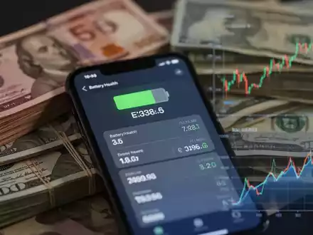 iPhone screen showing battery health, with blurred currency and a depreciation graph in the background, illustrating financial impact. - Foto: über boerse-global.de
