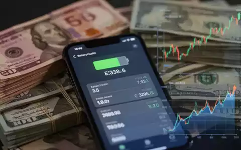 iPhone screen showing battery health, with blurred currency and a depreciation graph in the background, illustrating financial impact. - Foto: über boerse-global.de