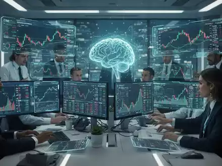 A futuristic trading desk with holographic screens displaying financial data, an abstract AI brain icon, and traders interacting with the systems. - Foto: über boerse-global.de