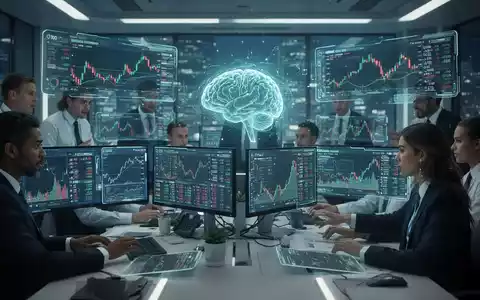 A futuristic trading desk with holographic screens displaying financial data, an abstract AI brain icon, and traders interacting with the systems. - Foto: über boerse-global.de