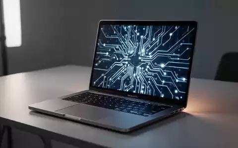 A sleek, modern laptop, resembling a MacBook Pro, open on a minimalist desk with abstract circuit board patterns on screen. - Foto: über boerse-global.de