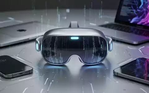 Apple Vision Pro headset glowing with digital patterns, surrounded by blurred iPhone and MacBook, symbolizing AI integration. - Foto: über boerse-global.de