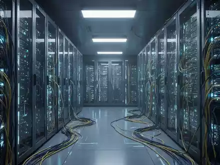 Interior of a modern data center with rows of illuminated server racks and intricate cabling, symbolizing cloud infrastructure. - Foto: über boerse-global.de