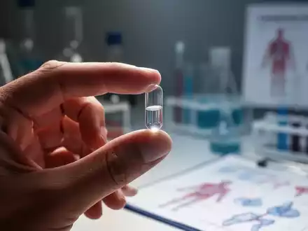 Eine Hand hält eine transparente Kapsel, im Hintergrund verschwommene Laborgeräte und medizinische Diagramme. - Foto: über boerse-global.de