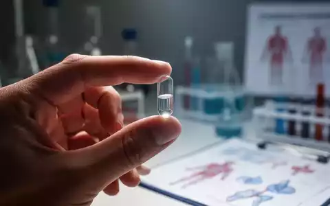 Eine Hand hält eine transparente Kapsel, im Hintergrund verschwommene Laborgeräte und medizinische Diagramme. - Foto: über boerse-global.de