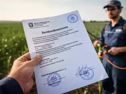 Nahaufnahme einer Hand, die ein offizielles Dokument mit dem Titel 'Sachkundenachweis' hält, im Hintergrund unscharf eine ländliche Umgebung. - Foto: über boerse-global.de