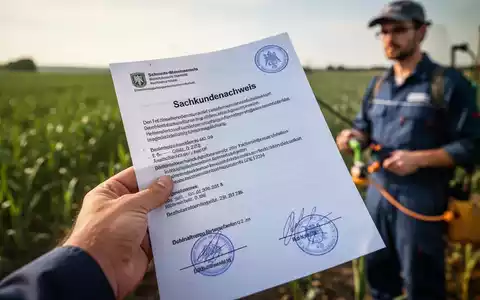 Nahaufnahme einer Hand, die ein offizielles Dokument mit dem Titel 'Sachkundenachweis' hält, im Hintergrund unscharf eine ländliche Umgebung. - Foto: über boerse-global.de