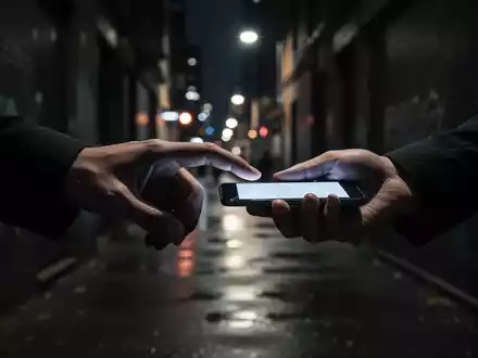 Eine Hand greift nach einem Smartphone, das von einer anderen Person in einer dunklen Gasse gehalten wird, angedeutet Diebstahl. - Foto: über boerse-global.de