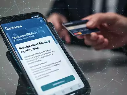 Ein Smartphone-Bildschirm zeigt eine gefälschte Hotelbuchungsbestätigung mit KI-generiertem Text. Eine Hand hält eine Kreditkarte. - Foto: über boerse-global.de
