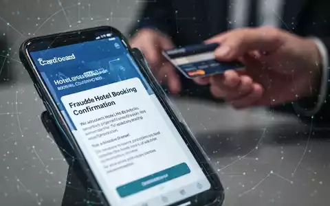 Ein Smartphone-Bildschirm zeigt eine gefälschte Hotelbuchungsbestätigung mit KI-generiertem Text. Eine Hand hält eine Kreditkarte. - Foto: über boerse-global.de