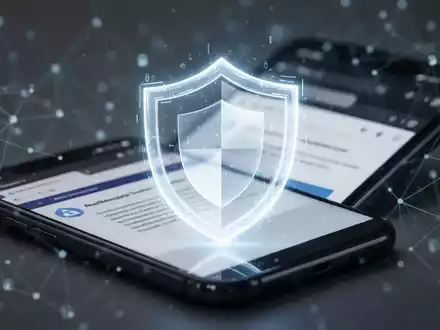 Ein stilisiertes, leuchtendes digitales Schildsymbol über einem Smartphone-Bildschirm, der einen Webbrowser anzeigt, mit einem unscharfen Netzwerk im Hintergrund. - Foto: über boerse-global.de