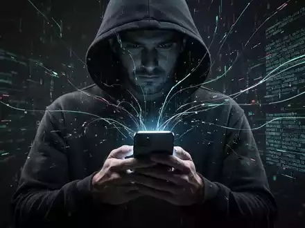 Eine dunkle Figur mit Kapuze, die ein Smartphone benutzt, mit digitalen Datenströmen und leuchtenden Linien, die vom Gerät ausgehen. - Foto: über boerse-global.de