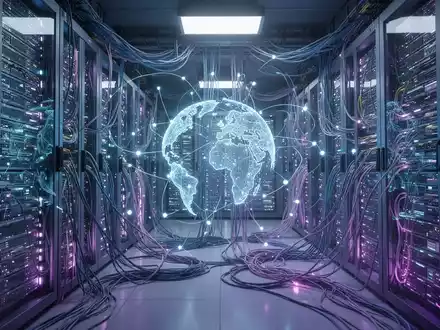 A stylized image of a data center with glowing blue and purple lights, representing AI processing and global data flow. - Foto: über boerse-global.de
