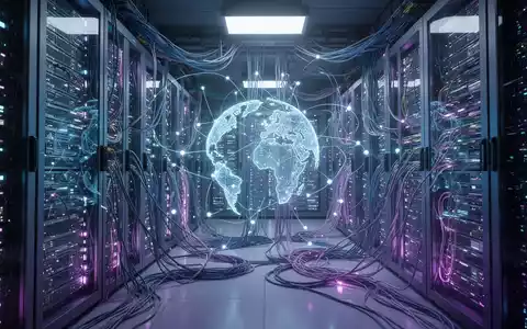 A stylized image of a data center with glowing blue and purple lights, representing AI processing and global data flow. - Foto: über boerse-global.de