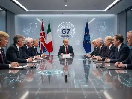 World leaders and tech executives at a G7 summit, discussing AI regulation and international cooperation in a modern conference room. - Foto: über boerse-global.de