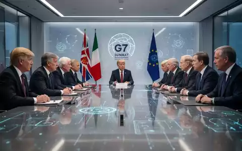 World leaders and tech executives at a G7 summit, discussing AI regulation and international cooperation in a modern conference room. - Foto: über boerse-global.de