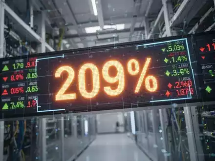 Ein stilisierter, leuchtender Börsenticker mit 209% Aufschlag vor einer unscharfen Hightech-Kulisse, symbolisiert starkes Wachstum. - Foto: über boerse-global.de