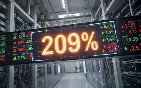 Ein stilisierter, leuchtender Börsenticker mit 209% Aufschlag vor einer unscharfen Hightech-Kulisse, symbolisiert starkes Wachstum. - Foto: über boerse-global.de