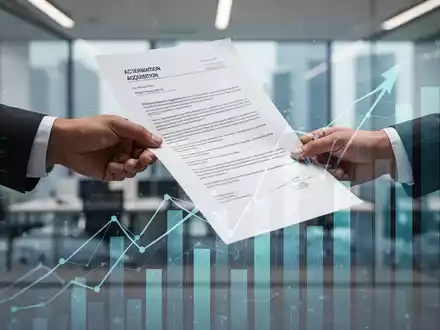 Zwei Hände reichen sich ein Dokument über einem stilisierten Unternehmenssymbol, das Haftung und Übernahme darstellt. - Foto: über boerse-global.de