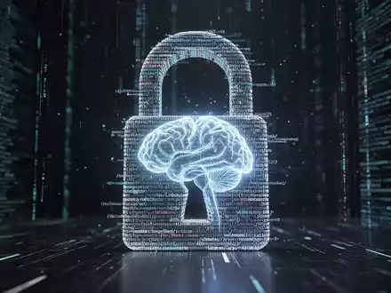 A digital padlock made of code, with a glowing AI brain icon, against a dark background with data streams. - Foto: über boerse-global.de