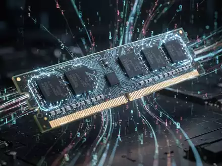 A close-up of a glowing RAM stick, representing computer memory, with digital data streams flowing around it. - Foto: über boerse-global.de