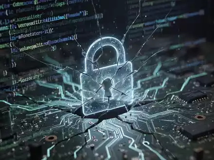 An abstract image showing a digital vulnerability with glowing lines of code and a broken circuit board, overlaid with a cracked lock icon. - Foto: über boerse-global.de