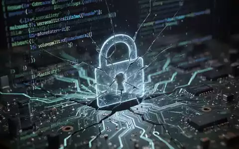 An abstract image showing a digital vulnerability with glowing lines of code and a broken circuit board, overlaid with a cracked lock icon. - Foto: über boerse-global.de
