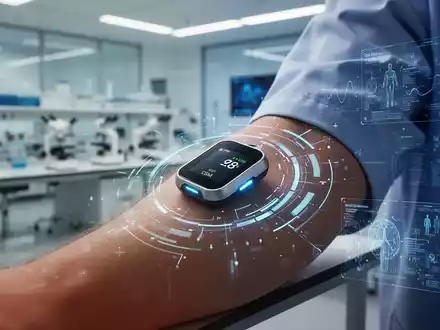 Nahaufnahme eines modernen Glukosemessgeräts am Arm einer Person mit digitalen Datenüberlagerungen, die technologischen Fortschritt zeigen. - Foto: über boerse-global.de