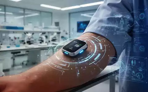 Nahaufnahme eines modernen Glukosemessgeräts am Arm einer Person mit digitalen Datenüberlagerungen, die technologischen Fortschritt zeigen. - Foto: über boerse-global.de