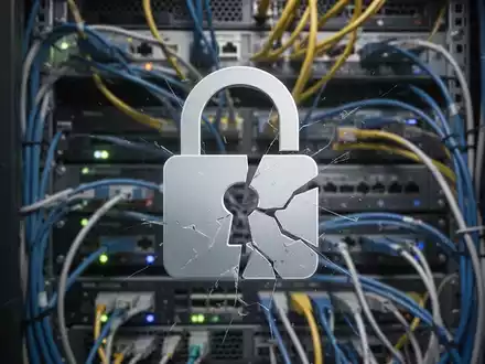 A digital padlock icon, slightly ajar, superimposed over a blurred background of server racks and networking cables, symbolizing a security vulnerability. - Foto: über boerse-global.de