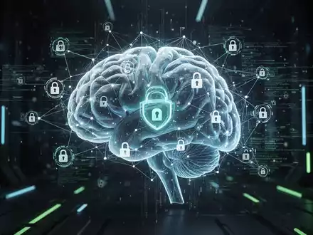 A glowing, interconnected human brain network overlaid with digital security icons and data streams, representing human risk in cybersecurity. - Foto: über boerse-global.de