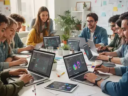 Students and small business owners collaborate on digital designs, reflecting Canva's educational and entrepreneurial initiatives. - Foto: über boerse-global.de