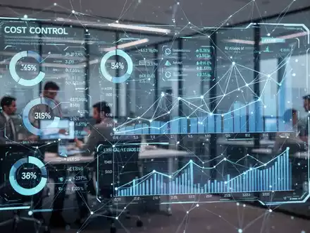 A glowing digital interface displaying AI usage metrics and financial data, with abstract network lines and cost graphs. Blurred office in background. - Foto: über boerse-global.de
