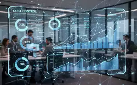A glowing digital interface displaying AI usage metrics and financial data, with abstract network lines and cost graphs. Blurred office in background. - Foto: über boerse-global.de