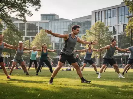 Eine vielfältige Gruppe von Erwachsenen nimmt an einem Outdoor-Fitnesskurs in einem deutschen Park teil, mit viel Grün und moderner Architektur. - Foto: über boerse-global.de
