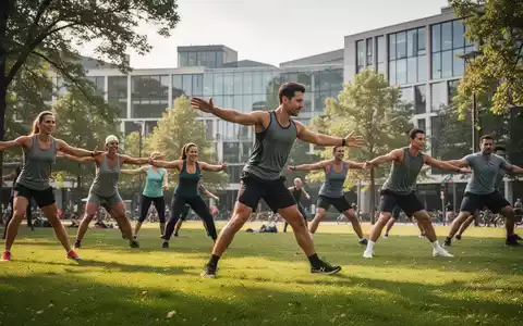 Eine vielfältige Gruppe von Erwachsenen nimmt an einem Outdoor-Fitnesskurs in einem deutschen Park teil, mit viel Grün und moderner Architektur. - Foto: über boerse-global.de