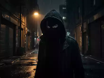 Eine dunkle, schattige Gasse bei Nacht mit der Silhouette einer maskierten Person, die Bedrohung und Gefahr ausstrahlt. - Foto: über boerse-global.de