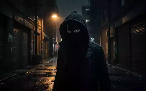 Eine dunkle, schattige Gasse bei Nacht mit der Silhouette einer maskierten Person, die Bedrohung und Gefahr ausstrahlt. - Foto: über boerse-global.de